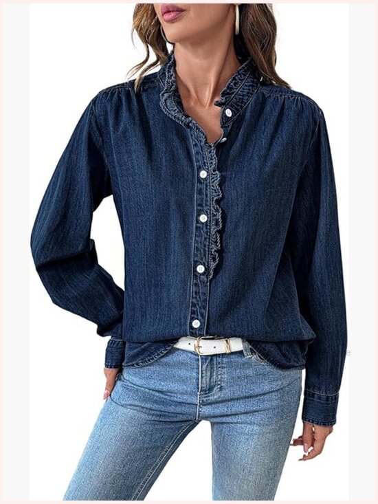 Tops - Vintage Denim Button Down Shirt Ruffled Edge Long Sleeve Top